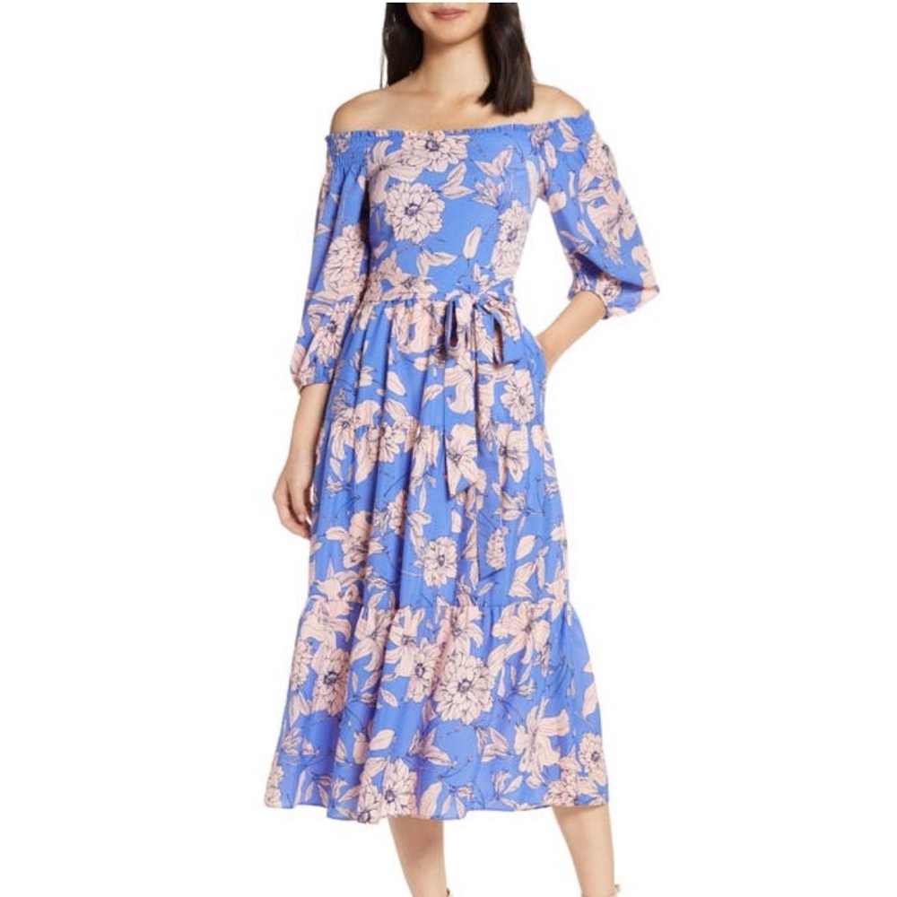 Eliza J Floral Off the Shoulder Midi Dress